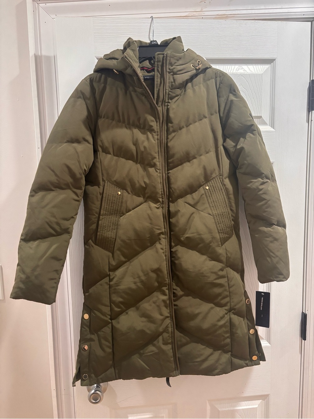 French Connection Olive Hooded Long Puffer Coat